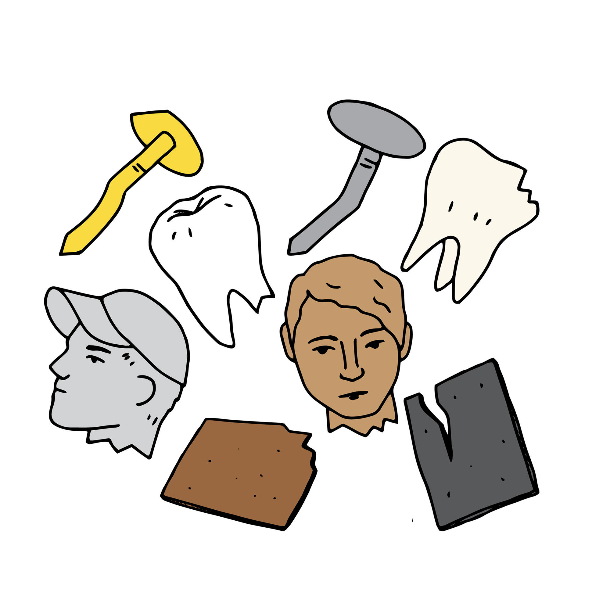 Roofing nails, faces, titles, teeth